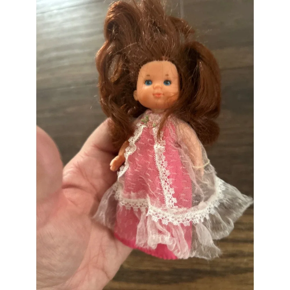 Vintage Mattel Miniature rosebud Doll 1976 Pink Lace Gown Auburn Hair Blue Eyes